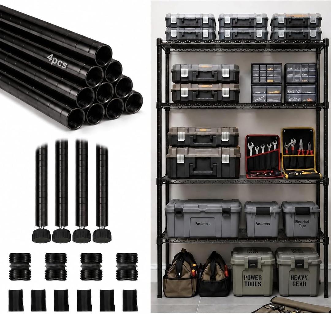 Thyle 4 Pack 36'' Wire Shelving Posts with 50 Clip, Chrome Steel, Black