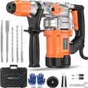 1-1/4 Inch SDS-Plus 13 Amp Heavy Duty Rotary Hammer Drill with Safety Clutch 3 Functions, Vibration Control, for Floor Tile Removal, Concrete Breaker, Including Grease, Chisels & Drill Bits