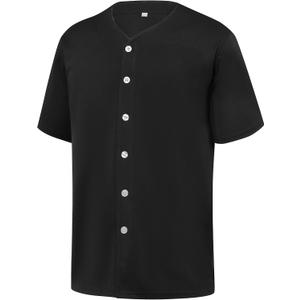 YWIES Mens Button Down Plain Baseball Jersey, Blank Softball Team Uniform, Hip Hop Hipster Short Sleeve Active Shirts (Black, M)