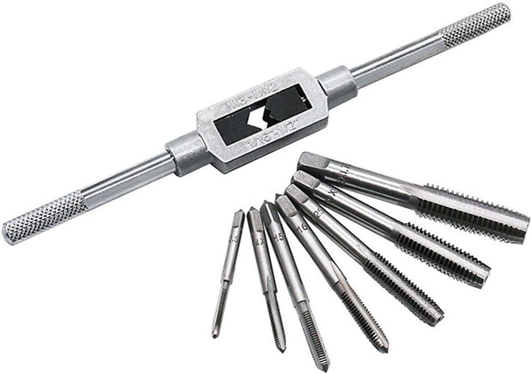 8pcs Metric Thread Machine Taps Set, Hand Screw Thread Plug Taps M3 M4 M5 M6 M8 M10 M12 with Adjustable Tap Wrench 1/16-1/2''