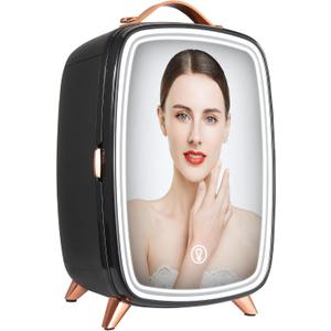 Mini Fridge, 6L Skincare Fridge with LED light and HD Mirror, AC/DC Makeup Fridges for Skin Care, Cosmetic Storage, Chill Face Mask Drink, Small Refrigerator for Bedroom Dorm Desktop, Black