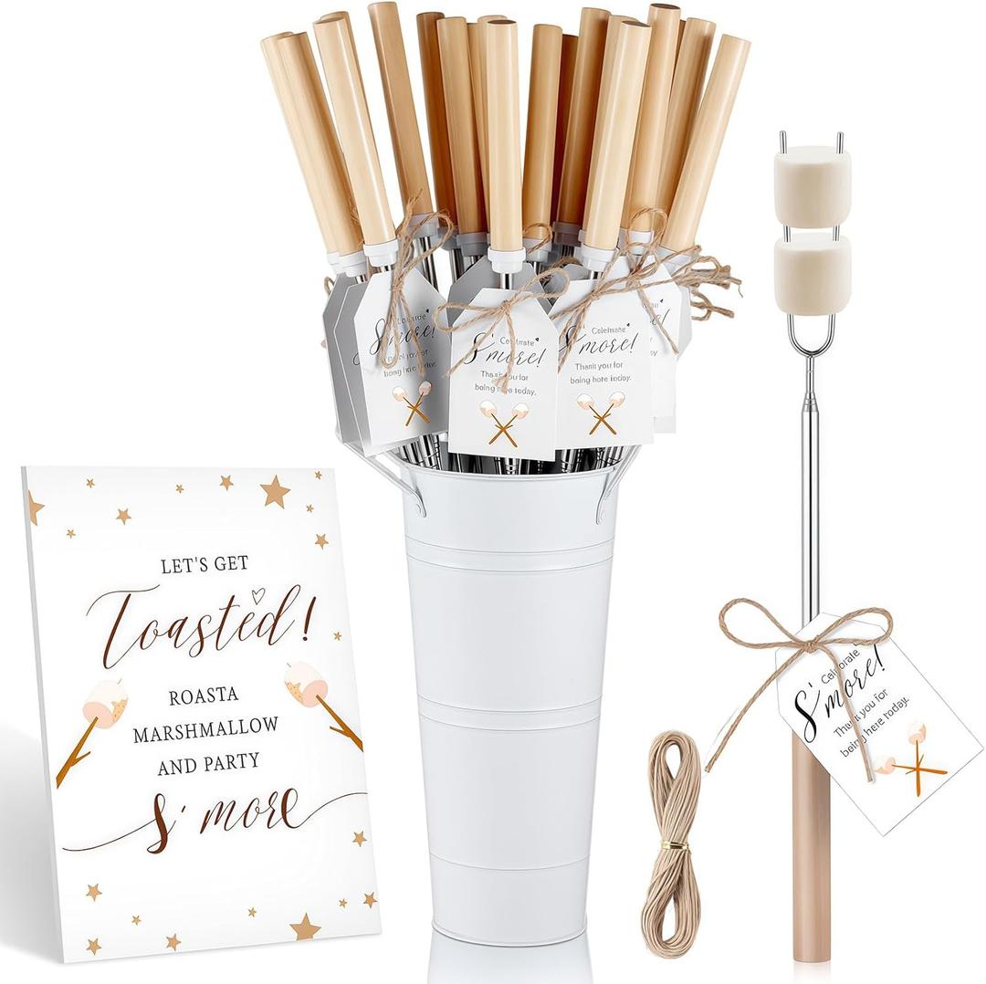 24 Pack S'Mores Party Favors for Guests, Extendable Marshmallow Roasting Sticks with White Metal Bucket, Wooden Sign, Party Gift Tags and Hemp Rope for Fire Pit Outdoor Campfire Camping