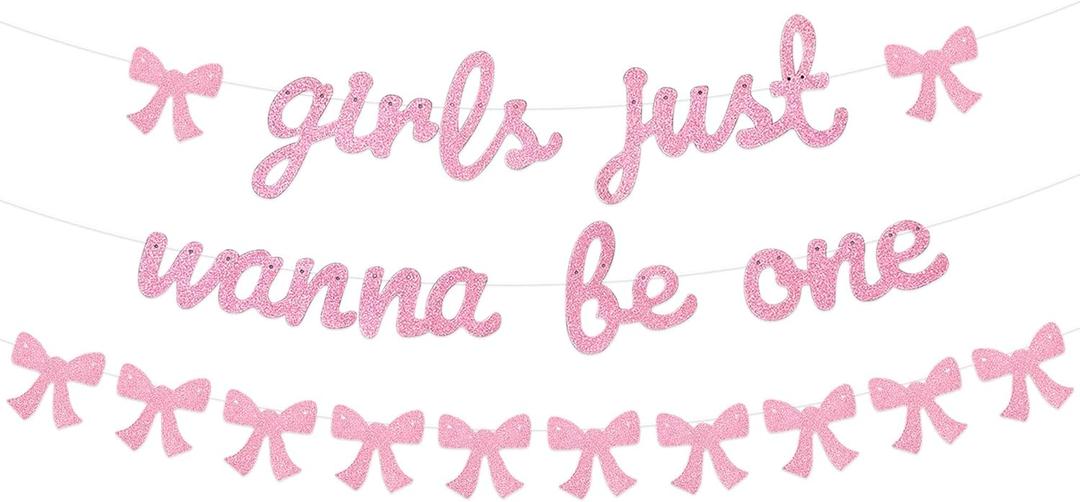 Girls Just Wanna Be One Banner Garland for Baby Girl First Birthday Decorations Pink Bow Hanging Banners Coquette Baby Shower 1st Birthday Party Decor