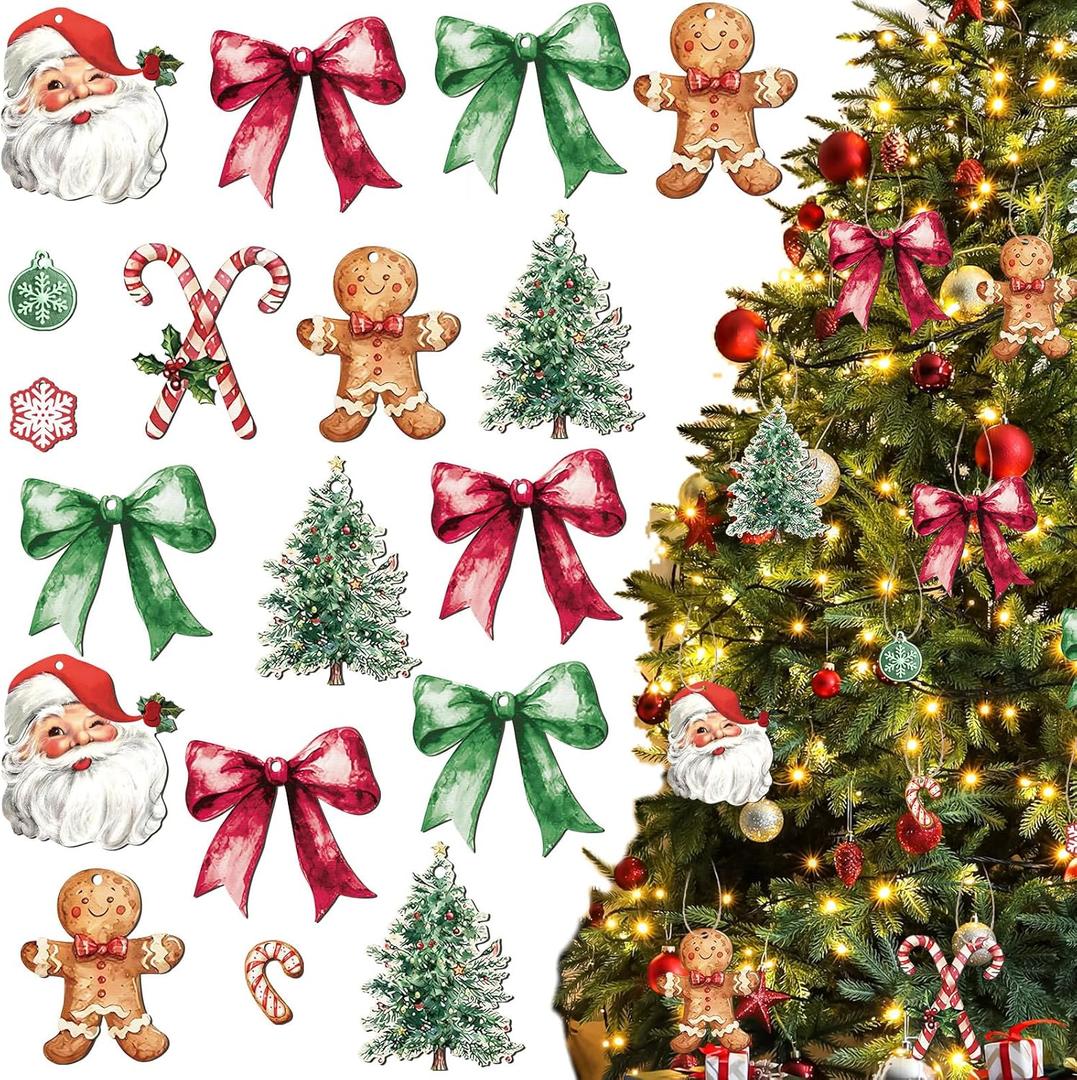 2 x Yookeer 36 Pcs Christmas Wood Ornaments Christmas Tree Santa Claus Candy Cane Gingerbread Man Bow Hanging Ornaments Vintage Farmhouse Xmas Decoration Tags with Rope Decor