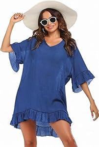 Ekouaer Womens Swimsuit Coverup V Neck Bathing Suit Beach Dress Sexy Ruffle Sleeves Bikini Cover Up Loose Top Sky Blue, XS