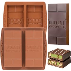 2 x 1 Inch Chocolate Bar Mold Deep Dubai Stuffed Chocolate Molds Silicone Large Break Apart Candy Molds (2 Pcs) (Mix)
