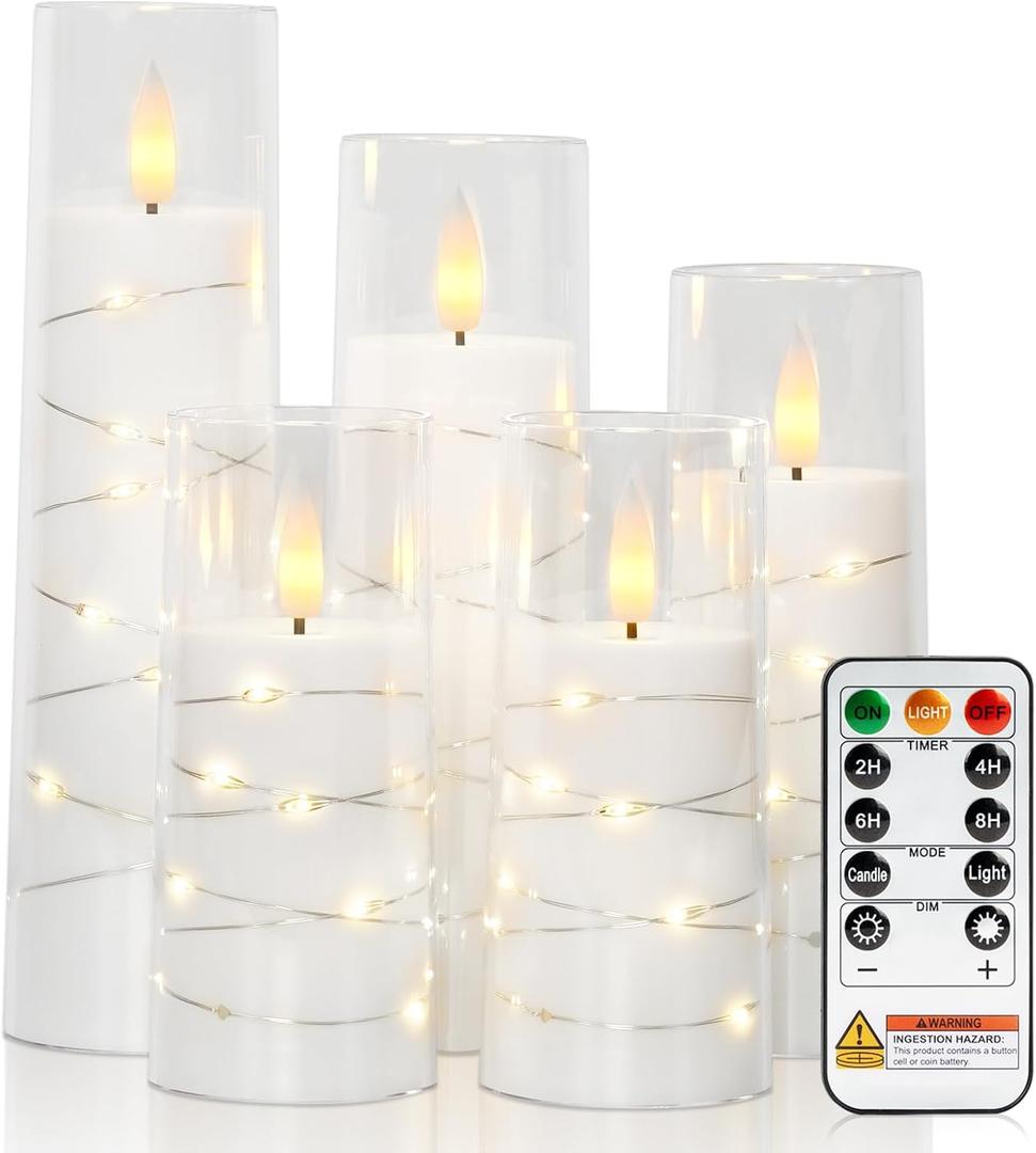 Raycare Flameless Candle with Remote Timer  5 Flickering Acrylic Battery Operated LED Pillar Candles with Embedded Star String for Christmas, Home Decor, and as a Gift(White)