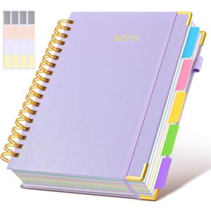 Hardcover Spiral Notebook journal with Removable Dividers Tabs, 300 Pages Leather 5 Subject Notebook College Ruled, 8"x10" Large B5 Notebooks for Work School Note taking, Lined Journal for Women,Purple