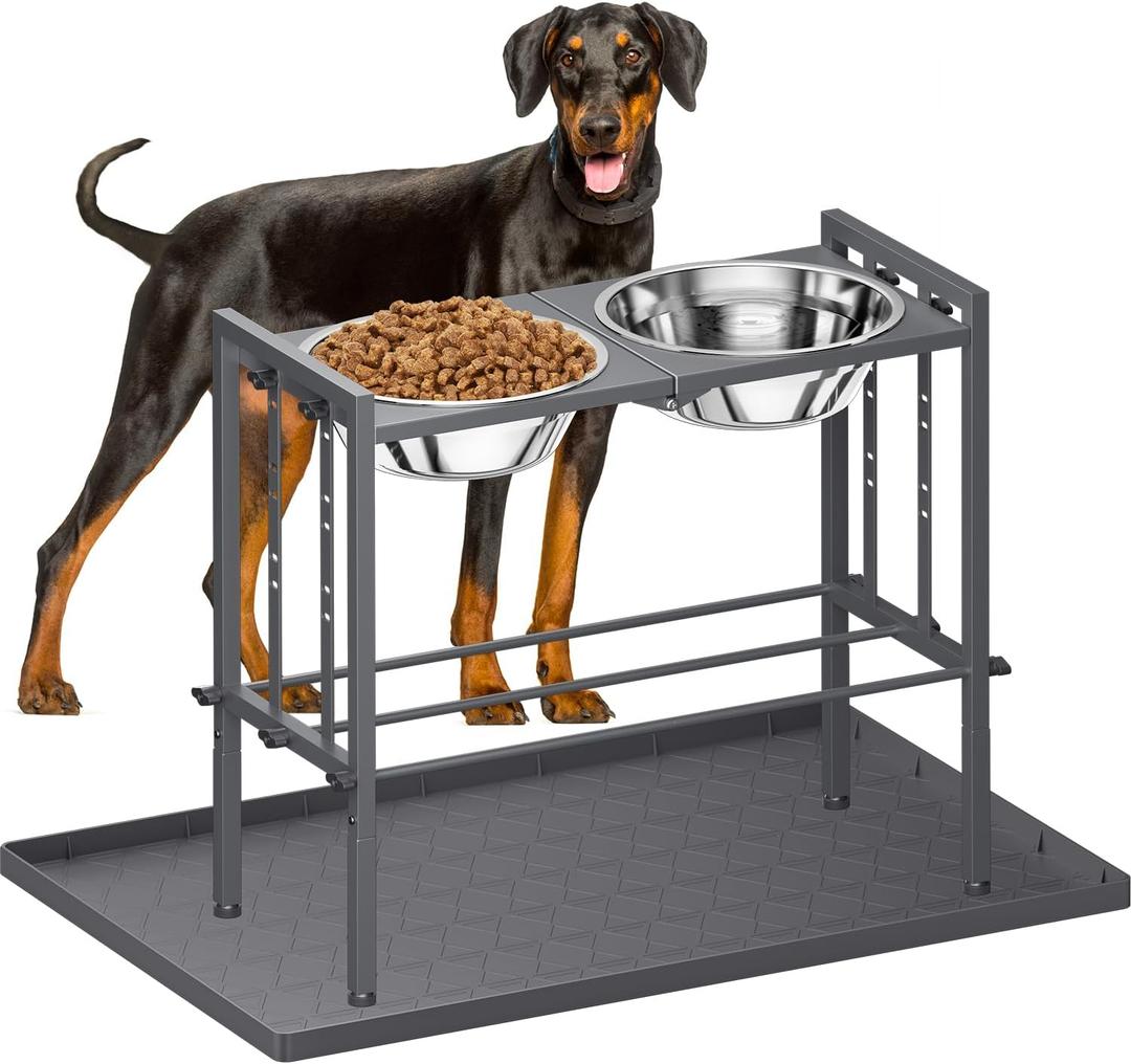 Elevated Dog Bowls  Metal Raised Dog Bowls for Large Breed with 3 Adjustable Heights, Perfect Sturdy Bowl Stands for Extra Large Sized Dogs, Grey with Feeding Mat