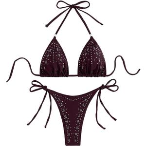 WDIRARA Women's 2 Piece Bikini Set Halter Triangle String Rhinestone Swimsuit Bathing Suit (Burgundy) Small