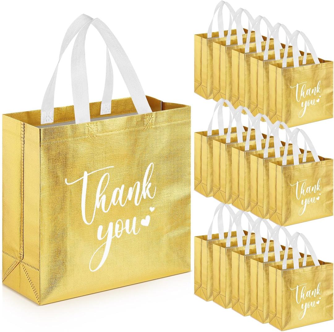 Sweetude 30 Pcs Thank You Gift Bags with Handles, Reusable Non Woven Foldable Goodie Bags Bulk for Graduation Easter Wedding Bridesmaid Favors(11 x 12 x 5 Inch,Gold)