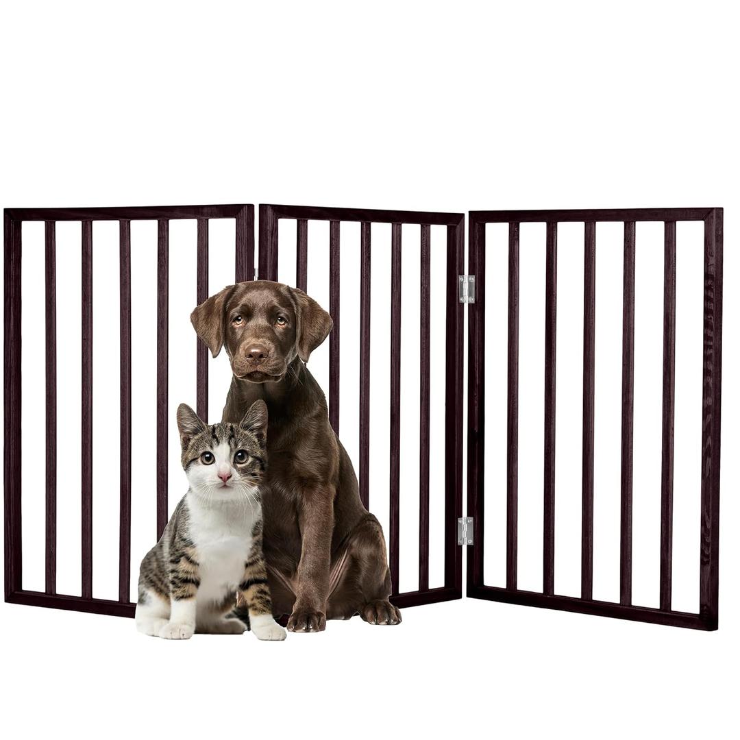 3-Panel Indoor Foldable Dog Fence for Stairs, Hallways, or Doorways - 54x24-Inch Wood Freestanding Dog Gates by PETMAKER (Brown)