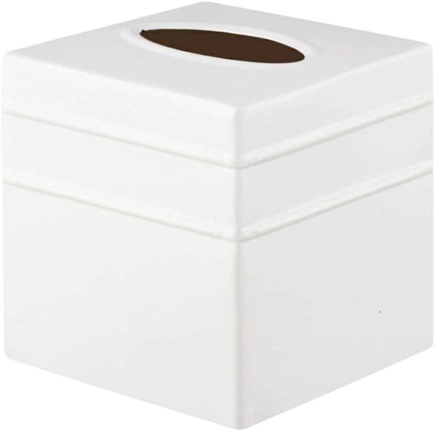 Monarch Abode Tissue Box Cover Square Handcrafted Border Embossed White Metal Tissue Holder Box for Bathroom Accessory, Aesthetic Decorative Facial Napkin Cube for Modern Home Decor