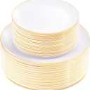 KIRE 100PCS Disposable Plates - White with Gold Rim Plastic Plates - Includes 50Pieces 10.25inch Dinner and 50Pieces 7.5inch Dessert/Salad Plate for Mother's Day/Wedding/Spring Party/Graduation