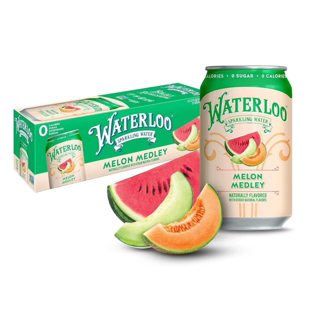 Waterloo Sparkling Water, Melon Medley Naturally Flavored, 12 Fl Oz Cans (Pack of 12) Zero Calories and Zero Sugar or Sweeteners (EXP 01/16/27)