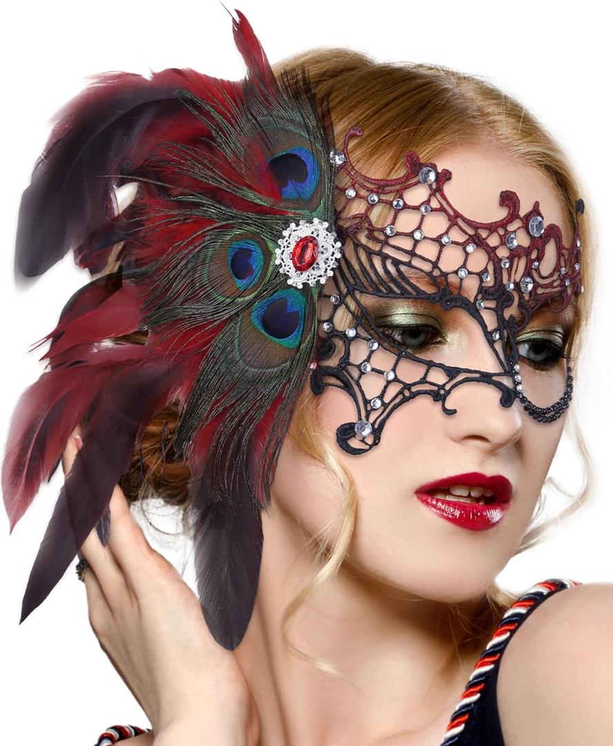 Zinniday Halloween Masquerade Masks for Women - 2026 Peacock Feather Lace Mask 1920s Venetian Eyemask for Party (Black Red)