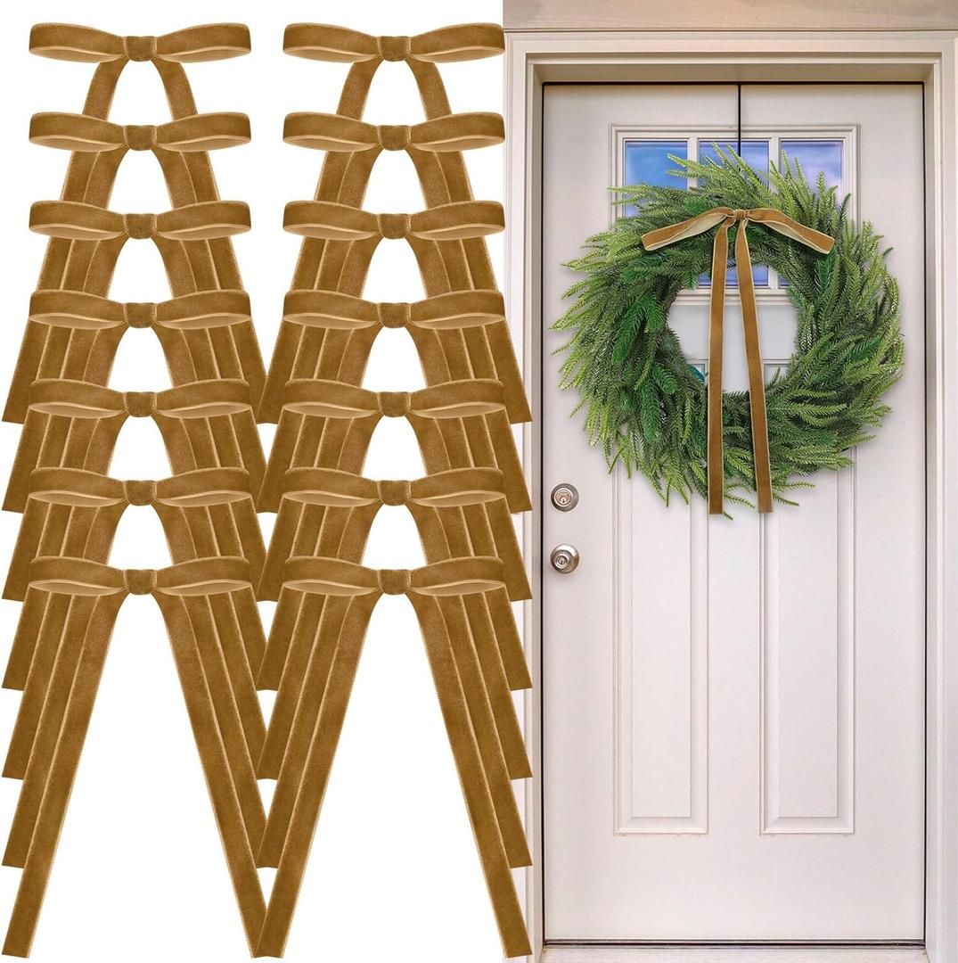 24 Pcs Velvet Bows Christmas Tree Ornaments Vintage Velvet Ribbon Bows for Tree Garland Wreath Indoor Xmas Decorations(9 x 13 Inch, Width of 5/8",Khaki)