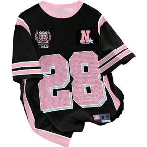 Girl's Jersey Shirts Color Block Number Graphic Tees Short Sleeve Crew Neck Sports T Shirt (Pink and Black) 12Y