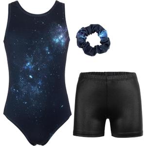 JESKIDS Gymnastics Leotards for Girls Dance Unitards Biketards Matching Shorts Activewear Suits for Girls 4-13 Years (Black Cosmic)