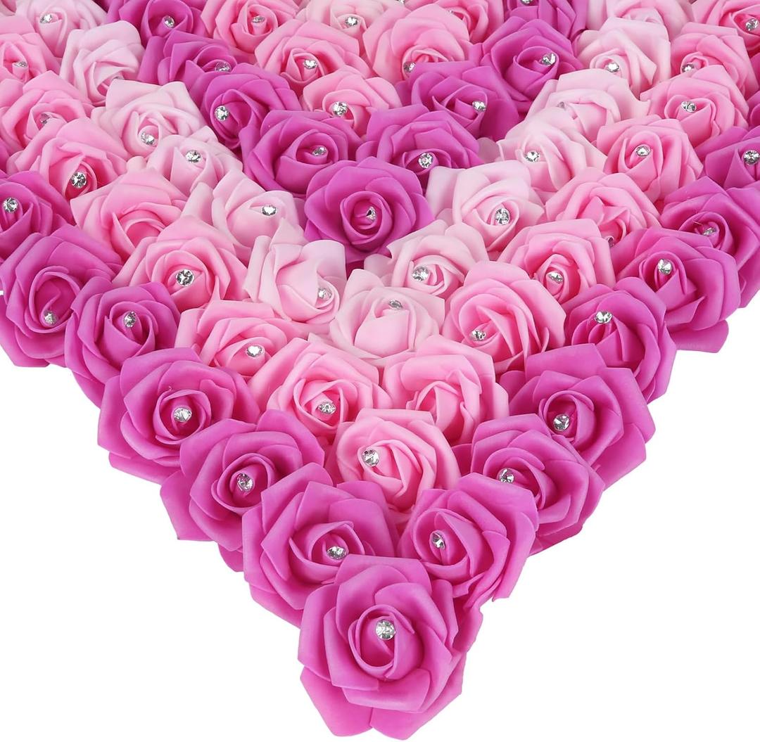 Pink Roses Artificial Flowers,200PCS Fake Foam Roses 1.97in Artificial Roses with Crystal for Craft DIY Wedding Party Home Decoration(Mixed Pink Colors)