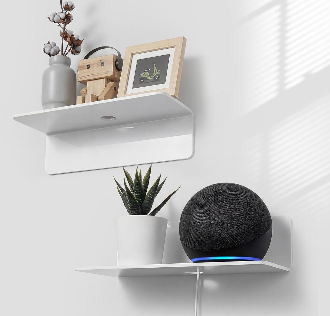 OAPRIRE White Floating Shelves Wall Mounted Set of 2 - Easily Expand Wall Space - Acrylic Hanging Shelves for Bedroom, Gaming Room, Living Room, Bathroom, Office with Cable Clips