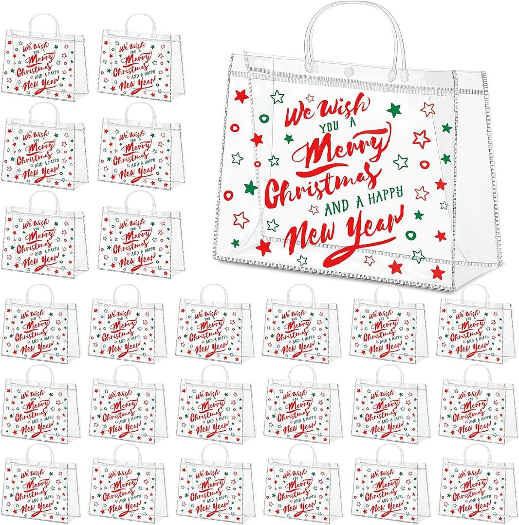 Aliceset 24 Pcs Christmas Clear Gift Bags with Handles, Extra Large Transparent Gift Wrap Bags, Reusable PVC Tote Bag Bulk for Party Favors, Shopping, Wedding Birthday(classic Xmas, 16" x 6" x 12")