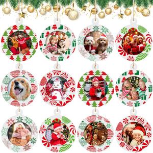 Thyle 12 Pcs Christmas Picture Frame Ornament Wooden Round Photo Frame Hanging Ornaments for Christmas Tree Xmas Holiday Party Decoration (Classic Style)