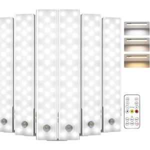 EZVALO 6-Pack Under Cabinet Lighting, 2000mAh Rechargeable Wireless Motion Sensor Lights, 62LEDs, 3 Color Temps, Dimmable, Timer, Magnetic, with Remote Control for Kitchen, Closet, Stair
