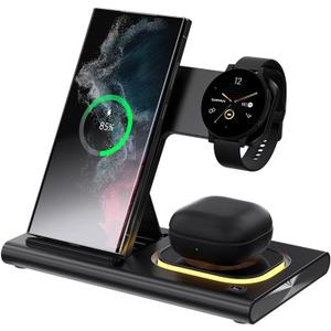 3 in 1 Wireless Charger for Samsung Charging Station Android Phone Multiple Devices LED Light Folding Dock Charger Stand for Samsung Galaxy S25 S24 S23 S22 S21 Note 20 Watch 8/7/6 Earbuds (Black)