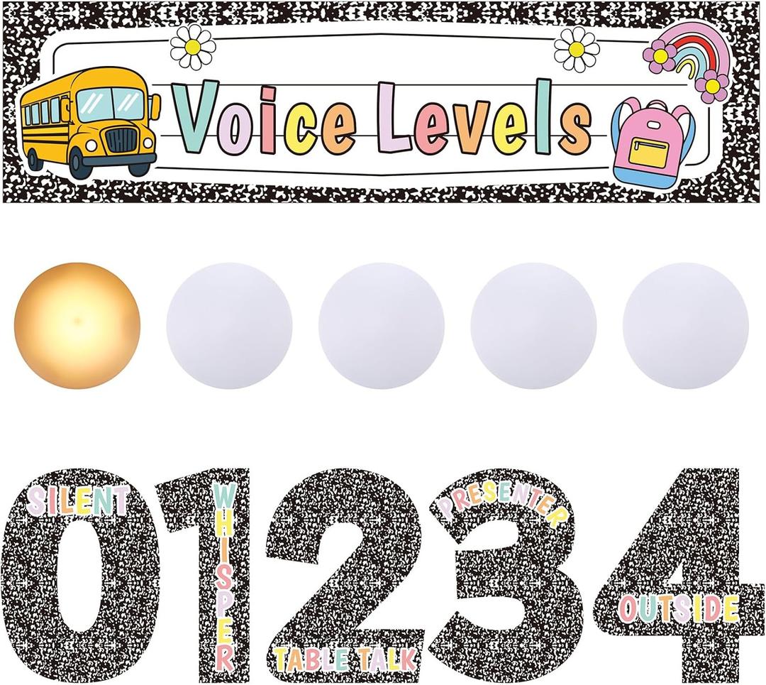 Frienda 13 Pcs Composition Notebook Classroom Decor Voice Levels Push Lights Back to School Classroom Management Tools LED Tap Light Noise Level Chart Poster Sticker Back School Teacher Must Haves, 12.6 x 11 inches