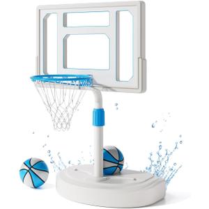 Swimming Pool Basketball Hoop Outdoor, Stainless Steel Adjustable Poolside Water Basketball Goals System with 32 Inch Shatterproof Backboard, 2 Balls & Pump Included