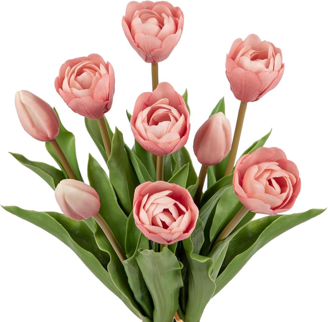 DILATATA 9 Pcs Artificial Tulips Flowers Pink Real Touch Fake Latex Tulips Flowers for Mother's Day 14" Faux Tulip Faux Flower for Vase Centerpieces Home Wedding Bouquet