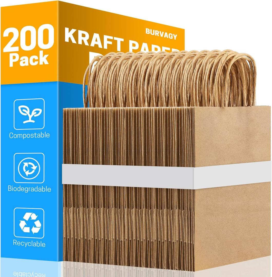 BURVAGY 200Pcs Small Kraft Paper Gift Bags with Handles 5.25x3.25x8.25 Inches Bulk Grocery Retail Party Favor Shopping Bags (Brown)