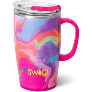 Swig Life 18oz Travel Mug, Insulated Tumbler with Handle and Lid, Travel Coffee Mug, Cup Holder Friendly, Stainless Steel 18 oz Tumbler, Reusable Insulated with Lid (Candy Crush)