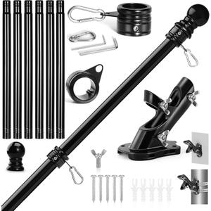 Anovo Flag Pole Kit- Stainless Steel 7 FT Flag Poles with1 Inch Metal 360 Rotating Flag Pole Rings Clip, Two-Position Flag Pole Holder Brackets Mounting for Outside House Outdoor Porch (7 FT - Black)