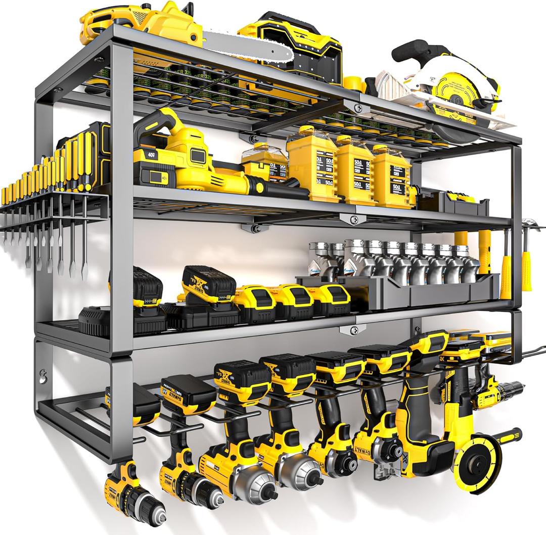 YYR Large Power Tool Organizer Wall Mount, Heavy Duty Metal Cordless Drill Storage Rack with Battery Charging Station Shelf, Utility Racks for Garage Organization, 4 Layer 10 Drills Holder Extra Tall