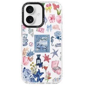 for iPhone 16 Case, Vintage Coastal Collage Pattern with Shells & Teacups, Military-Grade Drop Protection, Glossy Elegant Soft Slim TPU Protective & Camera Protection for Girls
