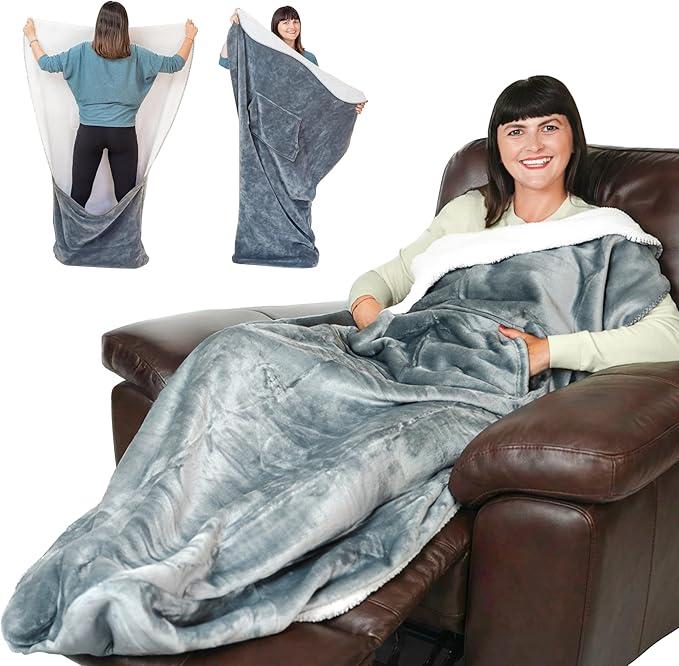 Premium Double Layer Foot Pocket Blanket -Patent Pending- Gamer Gift for Men Who Have Everything - Father's Day Useful Gifts for Dad Who Wants Nothing (Double Layer, Silver Grey)