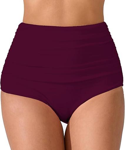 Women’s High Waisted Full Ruched Bikini Swim Bottoms Tummy Control Full Coverage Swimsuit Bottoms M