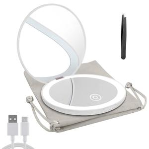 Compact Mirror with LED Light,1x/10x Magnifying Rechargeable Mirror,3.5in, Dimmable Travel Mirror for Purse,Pocket,Handheld 2-Sided Makeup Mirror (White)