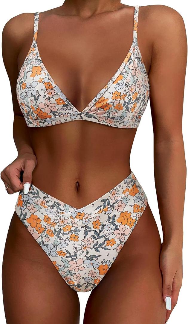 SUUKSESS Women Triangle High Cut Bikini Sets Sexy High Waisted 2 Piece Swimsuit (Medium, 57 Yellow Floral)
