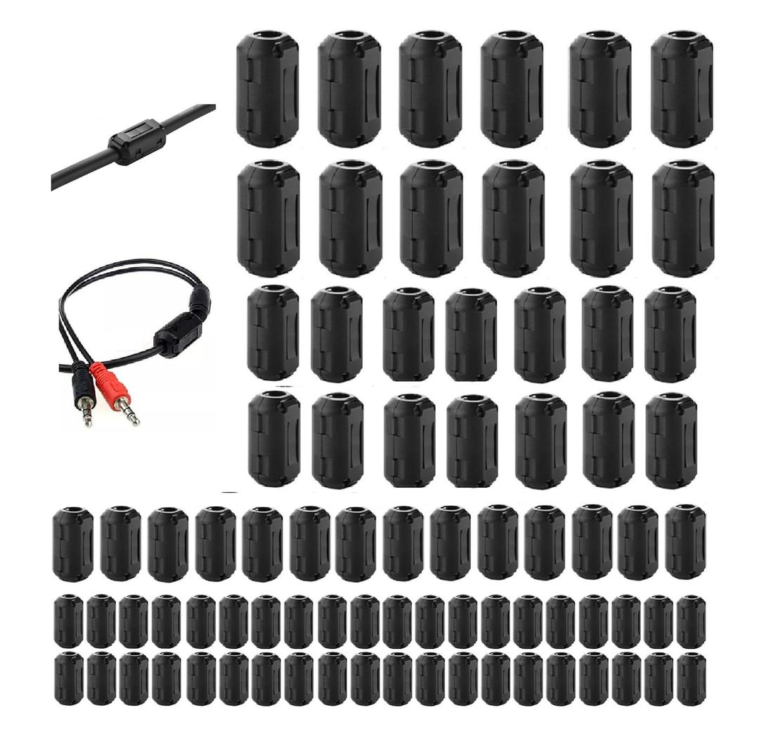 80Pcs Clip-on Ferrite Ring Core RFI EMI Noise Suppressor Cable Clip for 3mm/5mm/7mm/9mm/13mm Diameter Cable Power Cord, Black