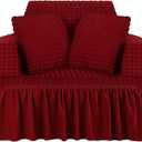 1 Sofa Slipcover and 2 Pillow Cover Set Sofa Couch Cover with Skirt Durable Washable High Elastic Stretchable Furniture Protector(Wine Red, S)