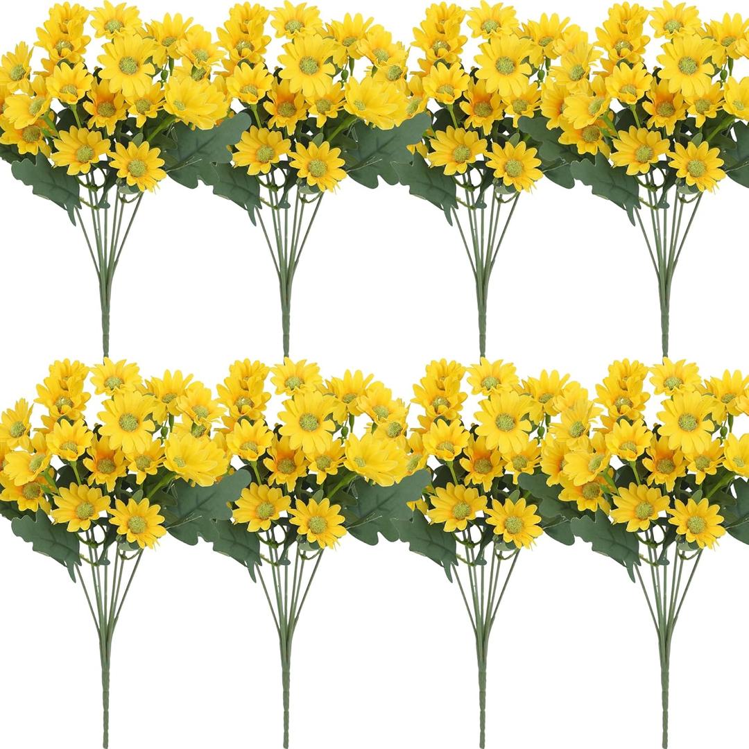 8 Bundles Artificial Sunflower with Stems & Daisy Bouquet - UV Resistant Silk Fake Flowers for Outdoor Indoor Spring Wedding Party Decor, Front Door Planter, Porch Patio Decoration (Yellow)