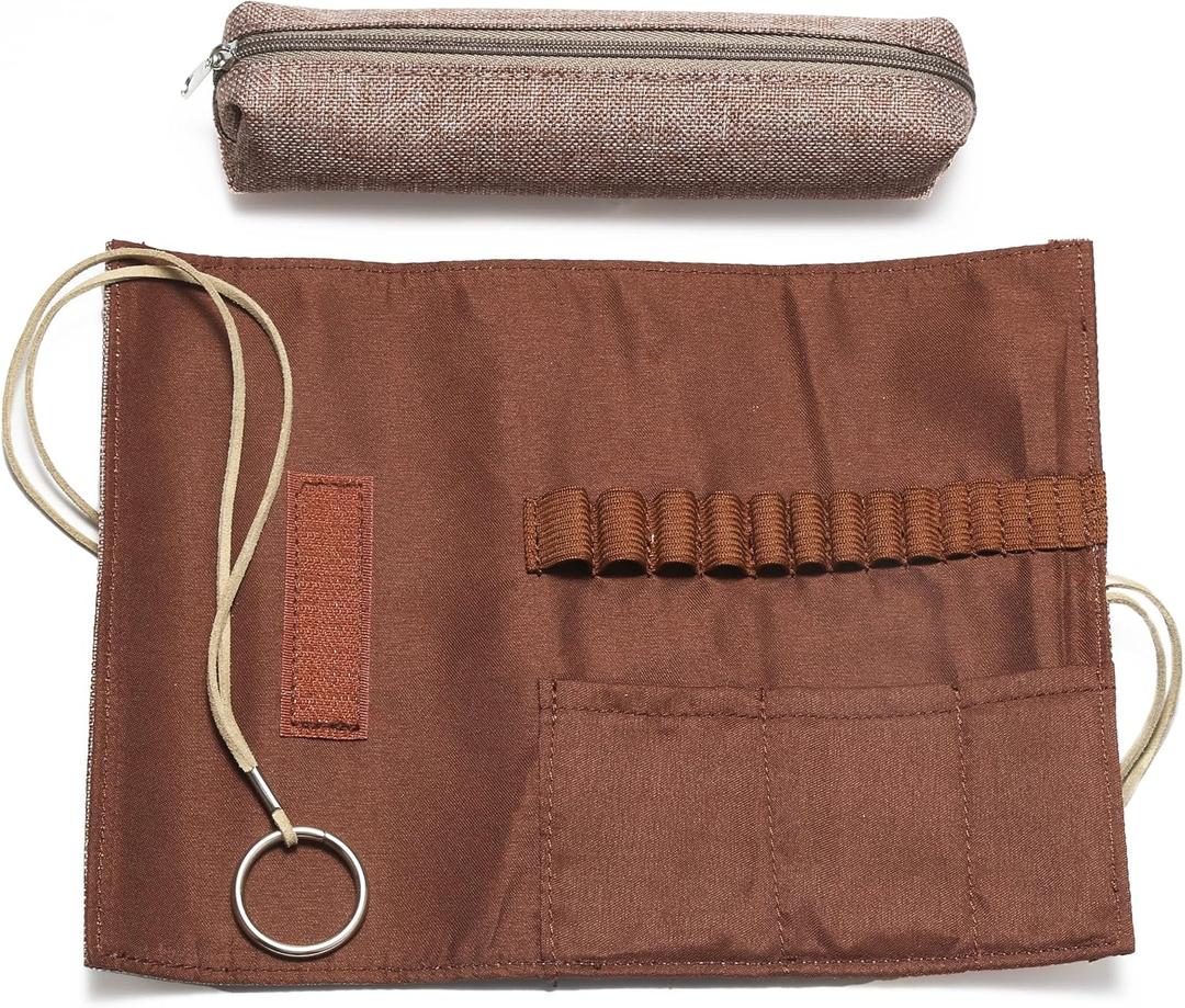 Traditional Aluminum Crochet Hooks Case, 14 Slots Roll-up Crochet Hook Organizer with a Detached Zipper Bag (Beige-Orange)