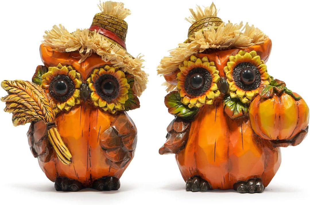 Hodao 2PCS Fall Thanksgiving Owl Decoration Fall Harvest Owl Pumpkin Figurines Decor for Autumn Thanksgiving Day Party for Home - Autumn Gifts