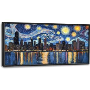 Chicago Skyline Wall Art, Starry Night Chicago Pictures Wall Decor, USA Cityscape Canvas Prints Painting, Large Building Panoramic Framed Artwork for Living Room Bedroom Office Bathroom Dining Room 60"x 30"