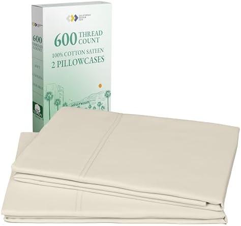 Luxuriously Soft Hotel Quality 600 Thread Count, 100% Cotton Set of 2 Cases, Crisp & Cool Pillowcases Queen Size Set of 2 Fits Standard & Queen Pillows (Creamy Beige)