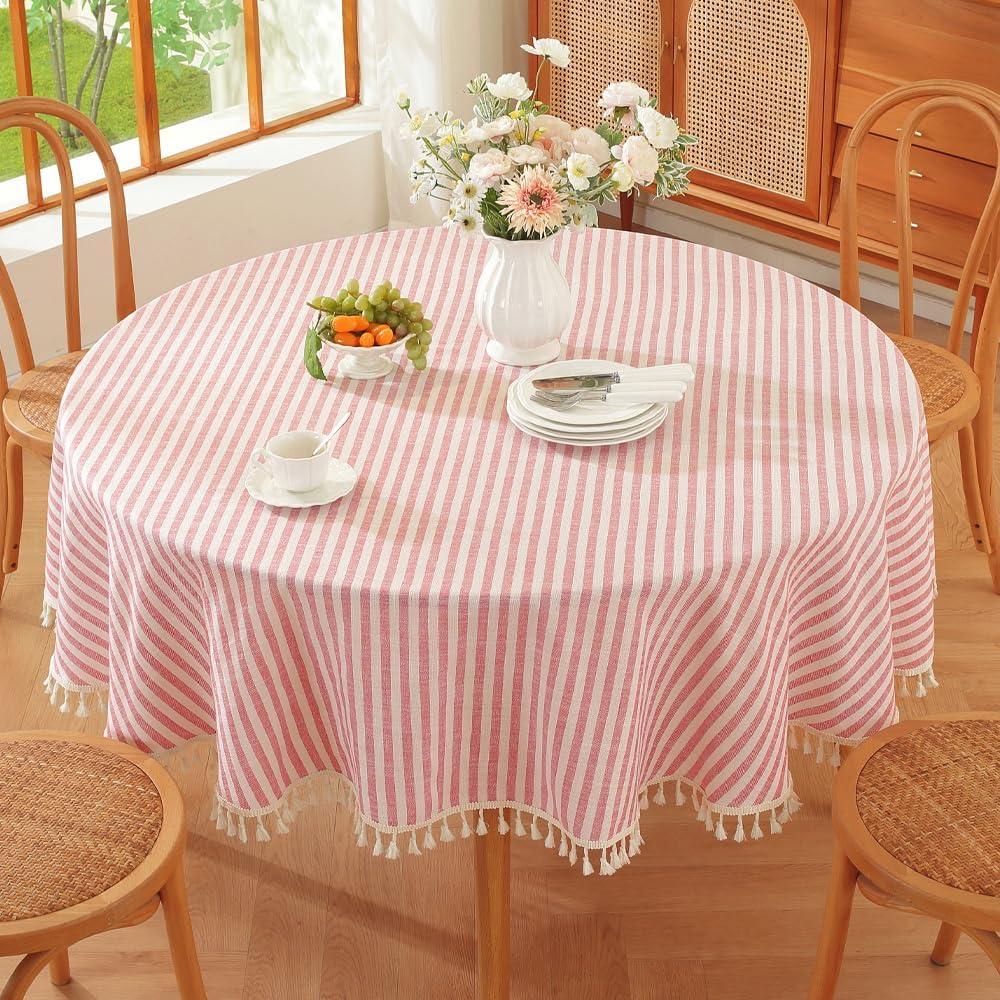 TruDelve Round Tablecloth 60 Inch Red and White Striped Cloth Tablecloths Circle Outdoor Picnic Table Cloth Round Cover (Red,60",Round)