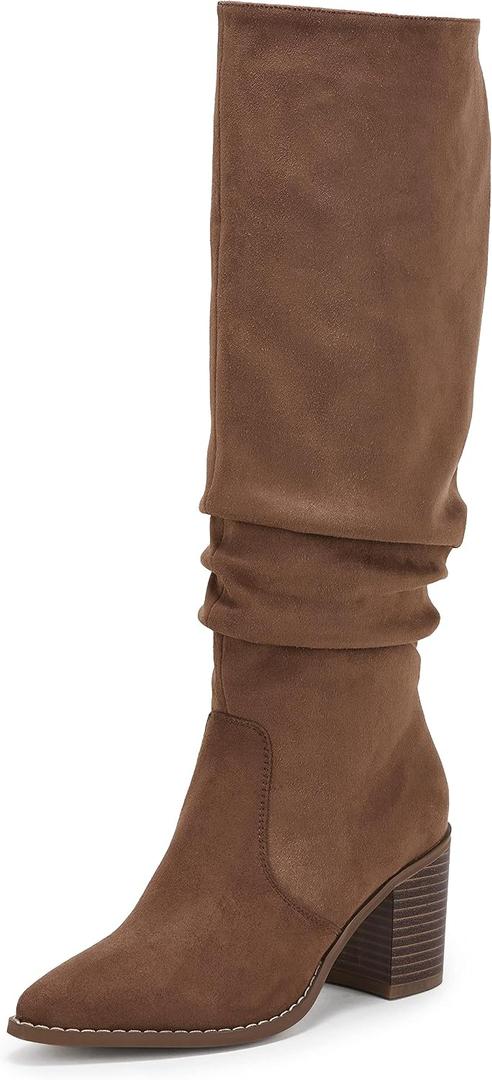 Huiyuzhi Womens Pointed Toe Mid Chunky Heel Side Zipper Knee High Boots Tall Booties (Brown)